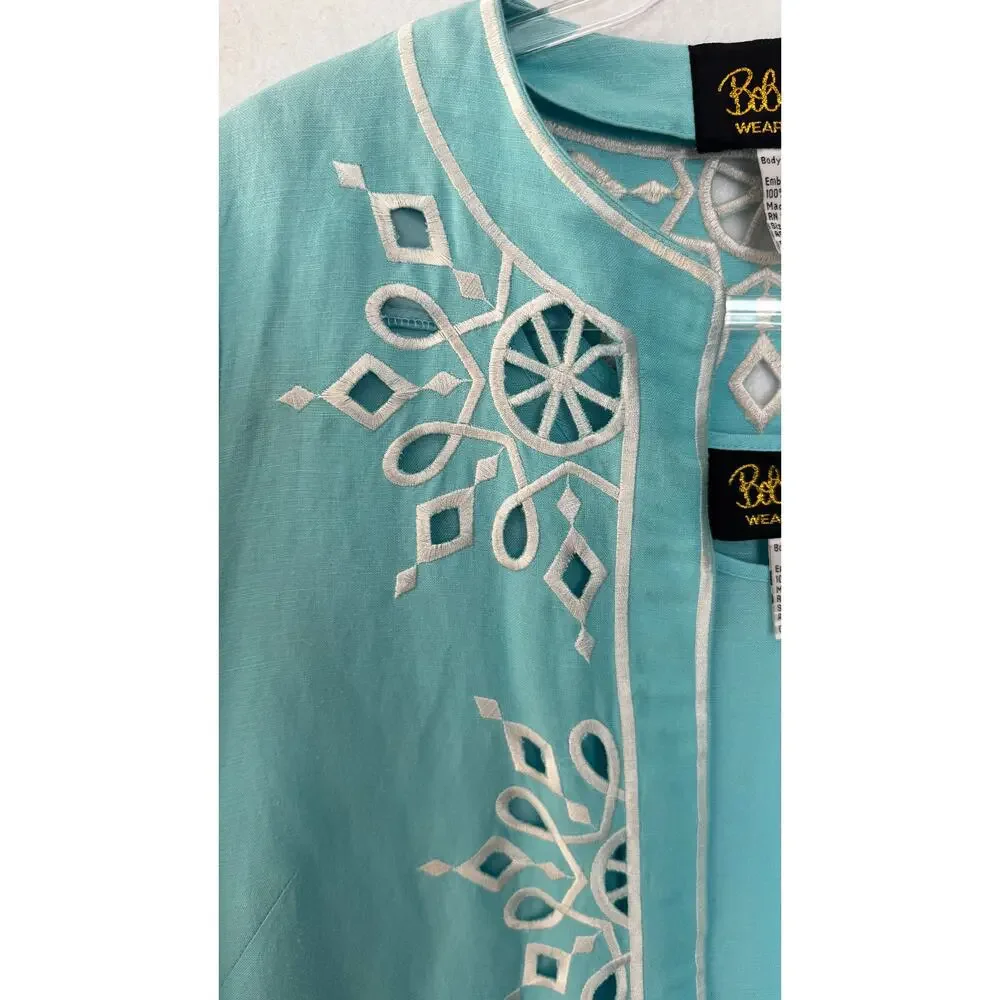 Bob Mackie Wearable Art 2000s Turquoise Linen Embroidered Twin Set XS